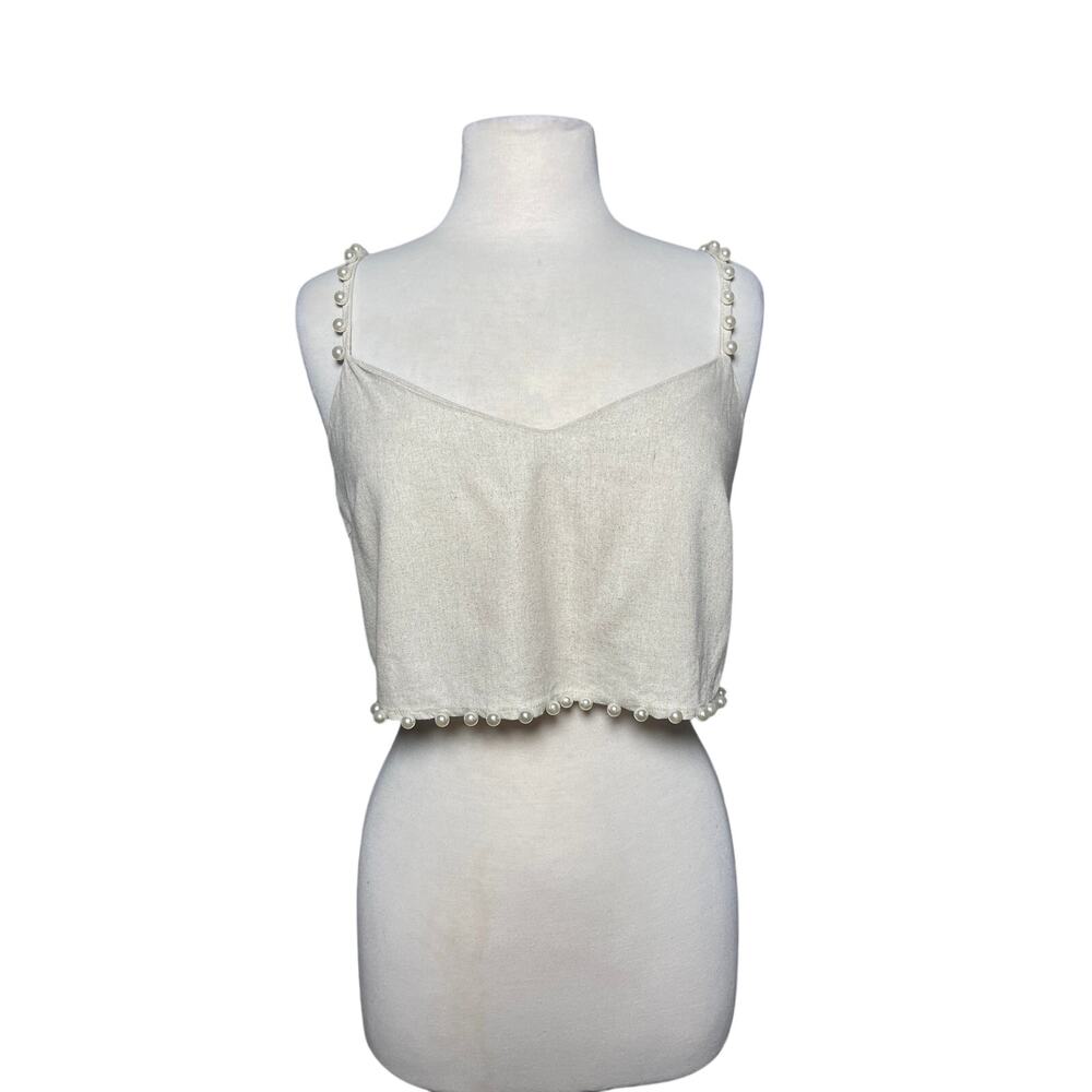 NWT MABLE Women’s Linen Blend Pearl Trimmed Cropped Tank Top